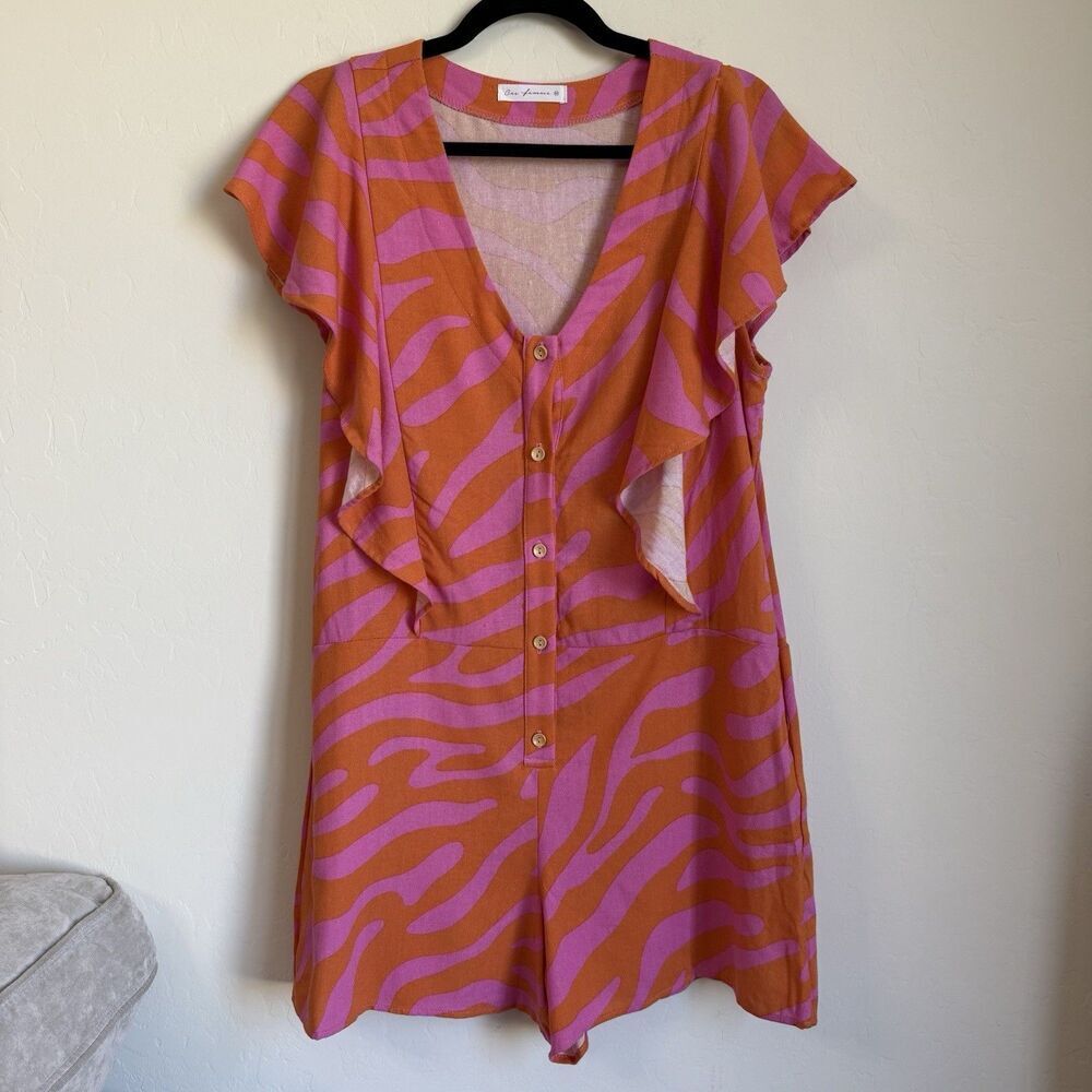 Hot Pink & Orange Zebra Animal Print Linen Blend Romper Artsy Resort Wear Medium - Picture 2 of 9